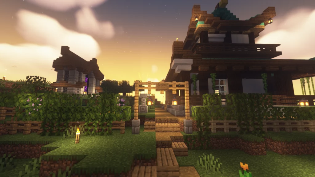 A picture showing a blocky house in asian style with shaders.